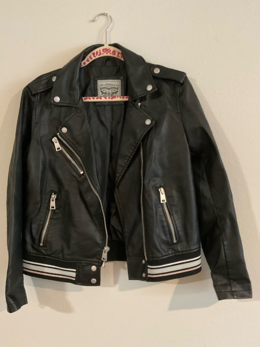 Levi’s Black Faux Leather Biker Jacket with Stripe Hem